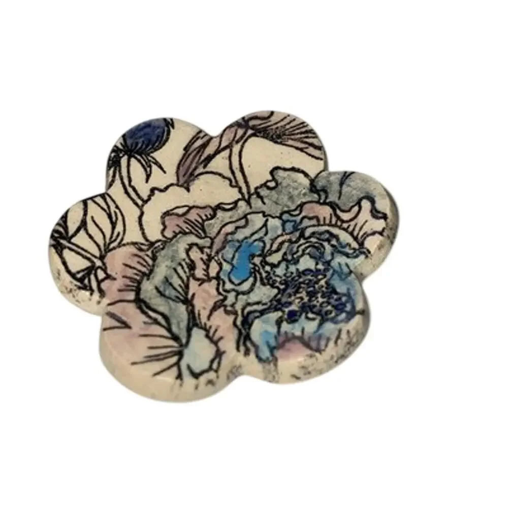 Studio Pottery Small Ring Dish Cream With Floral Pattern Blue Pink Glaze 2”